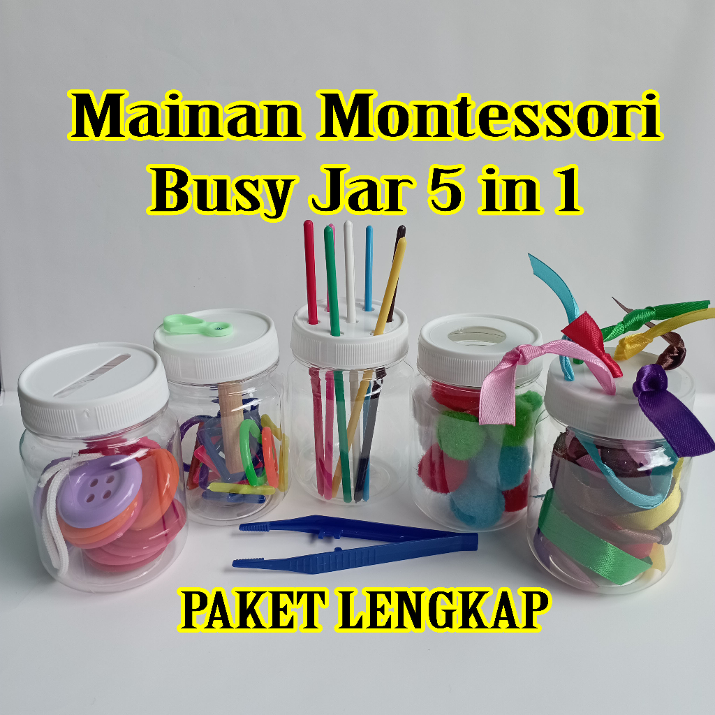 Mainan Edukasi Anak Montessori Montesori Motorik Sensori Sensorik Play Sensory Toys Toy Busy Jar 5in1 5 in 1 Edukatif Motoric Bayi Balita Pompom Push Stick Stacking Taggie Ribbon Jar Button Post Untuk 1 2 3 4 5 Tahun Bonus 10 Permainan 8 In 1 8in1 Murah