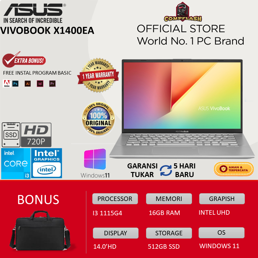 LAPTOP ASUS VIVOBOOK X1400EA - i3 1115G4 RAM 16GB 512GB SSD WINDOWS 11 14.0INCH