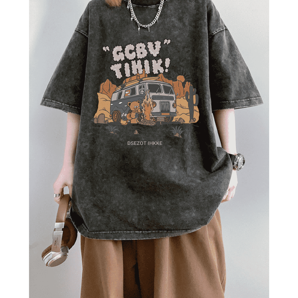 XIAOZHAINV Korean Style Bus Pattern Washed Printing Kaos Wanita A0257/Atasan Wanita Terbaru