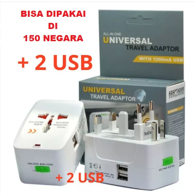 [FREE BOX+POUCH] Colokan Travel Adaptor +2USB Universal Internasional