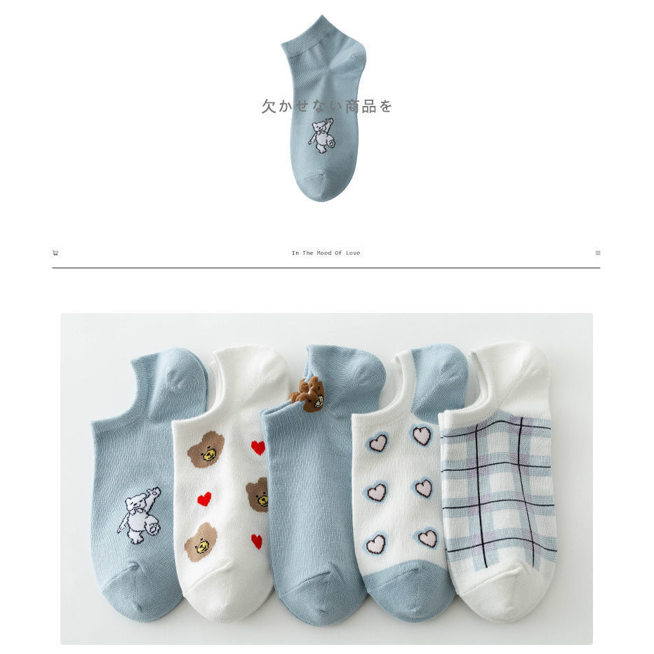 T&amp;Y Kaos Kaki Wanita Pendek Putih Biru Bear Love 6772 Socks unisex Semata Kaki Warna Kaus Kaki Ankle Mata Kaki Sarung Kaki Low Socks Ala Korea Dibawah Mata Kaki Import Murah