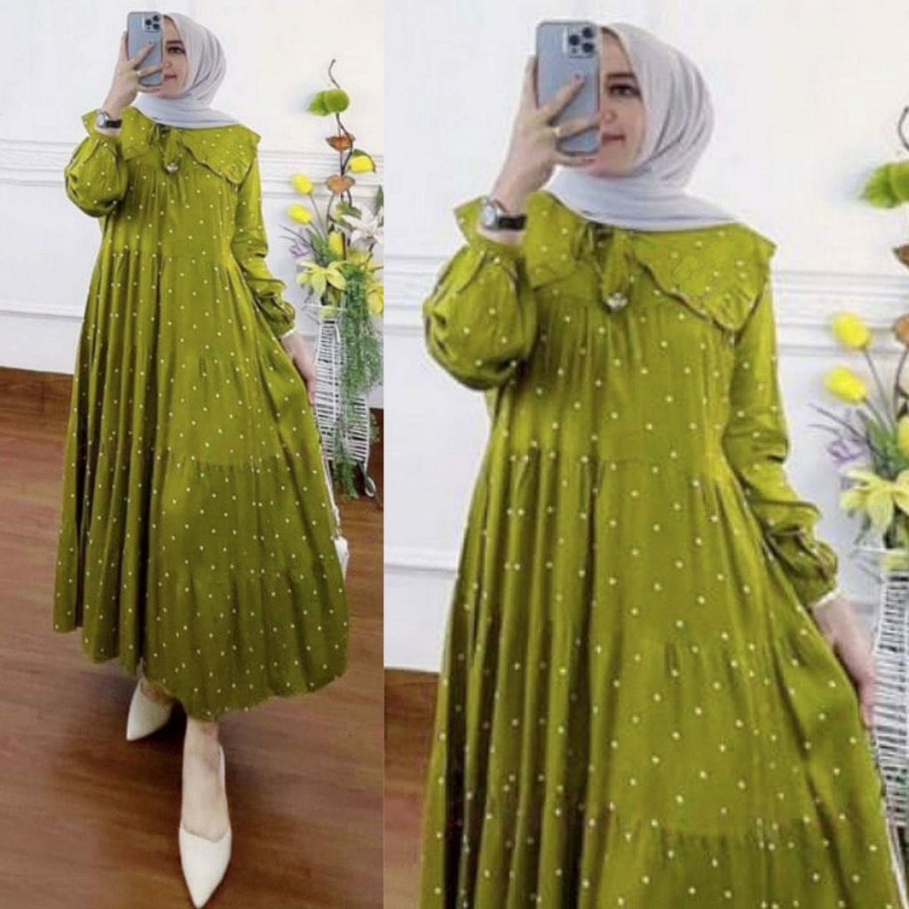 GAMIS KAYRA BINTIK JUMBO LD 120 RESLETING DEPAN BAJU DRESS WANITA MUSLIM FASHION TERBARU BAHAN RAYON MAXY MAXI MOTIF KEKINIAN