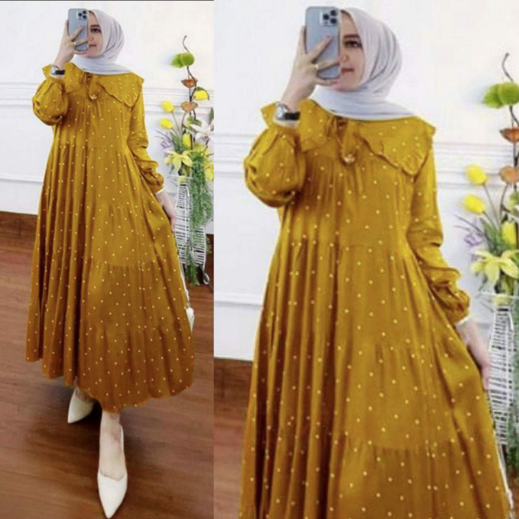 GAMIS KAYRA BINTIK JUMBO LD 120 RESLETING DEPAN BAJU DRESS WANITA MUSLIM FASHION TERBARU BAHAN RAYON MAXY MAXI MOTIF KEKINIAN