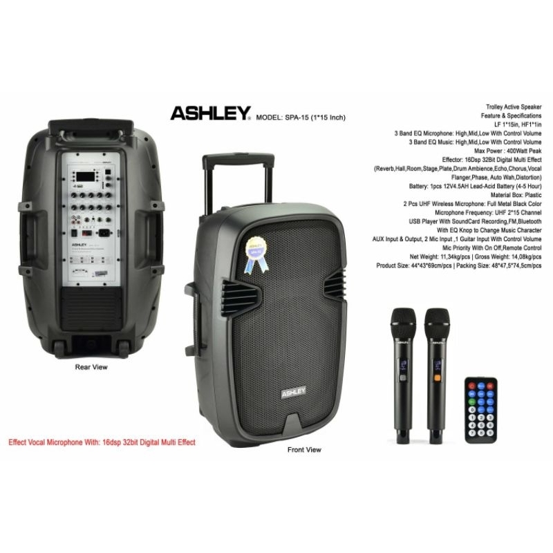 Speaker Portable Ashley 15 Inch SPA15 Spa 15 bonus 2 mic Wireless