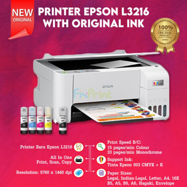 EPSON Printer EcoTank L3216 WHITE Pengganti L3210 BLACK Garansi Resmi - TANPA TINTA L3210 HITAM