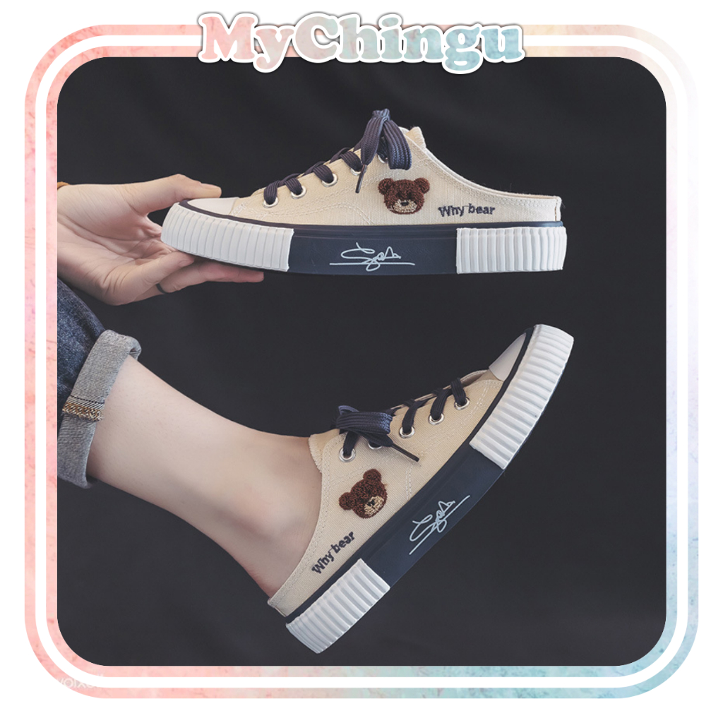 ❀ Chingu ❀ SEP030 (Tanpa Kotak) Sepatu Sneakers Wanita Setengah Why Bear Kanvas Putih Sporty Model Korea Fashion Casual Sport Olahraga Import COD