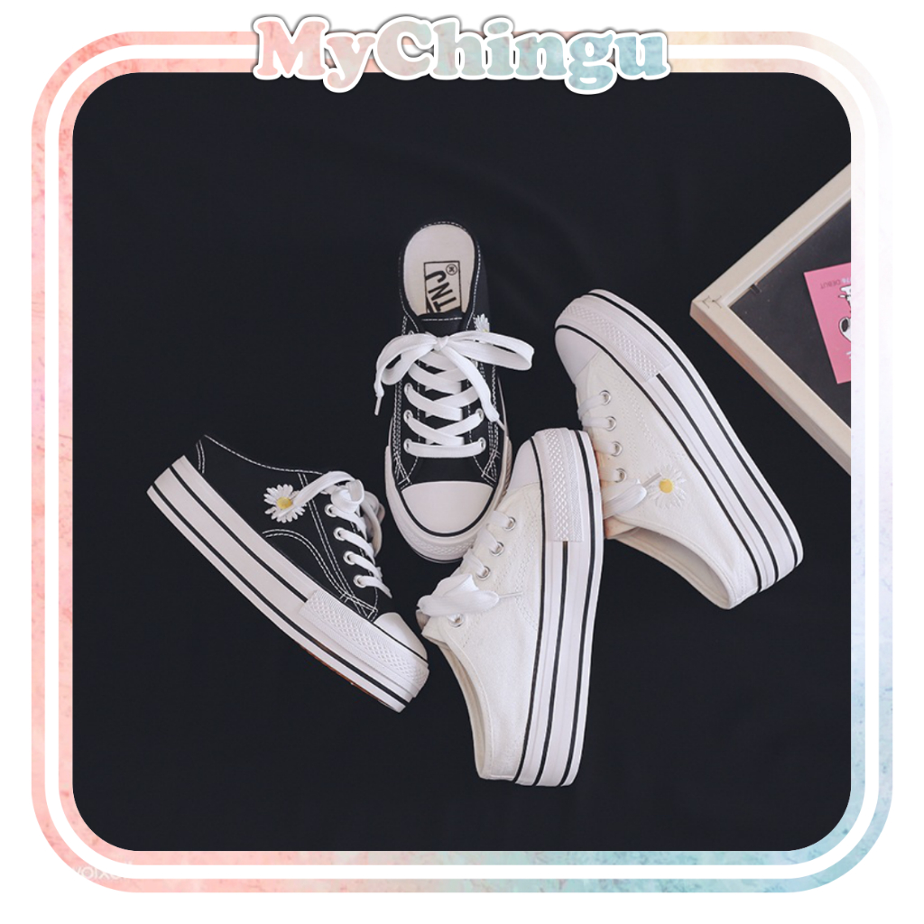 ❀ Chingu ❀ SEP031 (Tanpa Kotak) Sepatu Sneakers Wanita Setengah Motif Bunga Daisy Sporty Bahan Kanvas Model Korea Fashion Casual Sport Olahraga Import COD