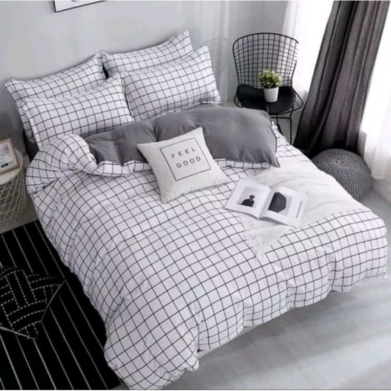 Bedcover Set KOTAK POLOS PUTIH FULL / KOMBINASI 2 WARNA Lengkap Selimut & Sprei Set Ukuran Single / 