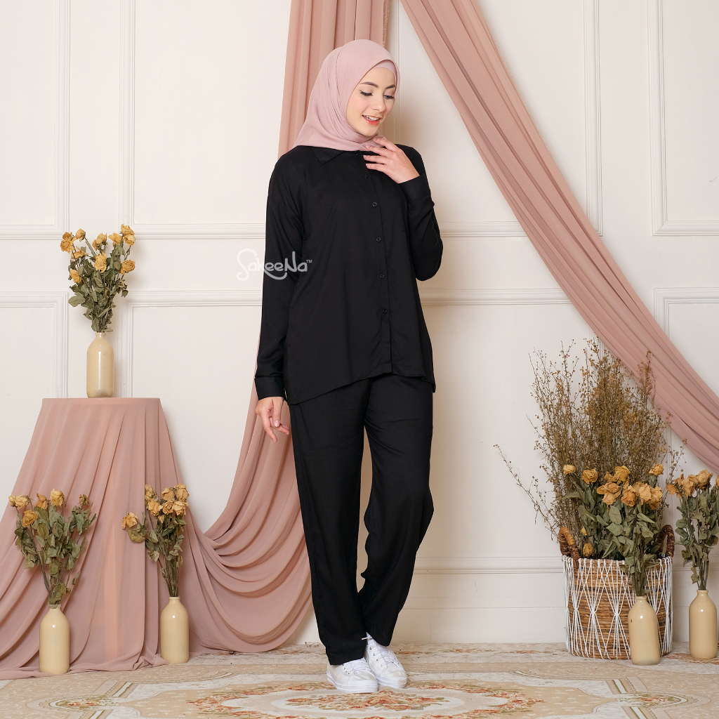 SAKEENA Pajamas Set Kemeja Dewasa Katun Rayon Polos Lengan Panjang