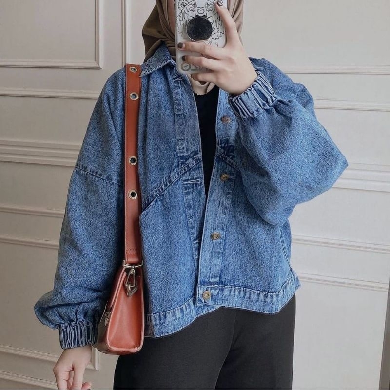 Tamstore Jaket Jeans Denim Wanita Oversize Balon