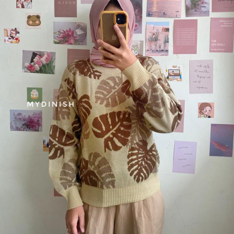 Leaf Sweater Rajut Wanita Motif Daun Terbaru