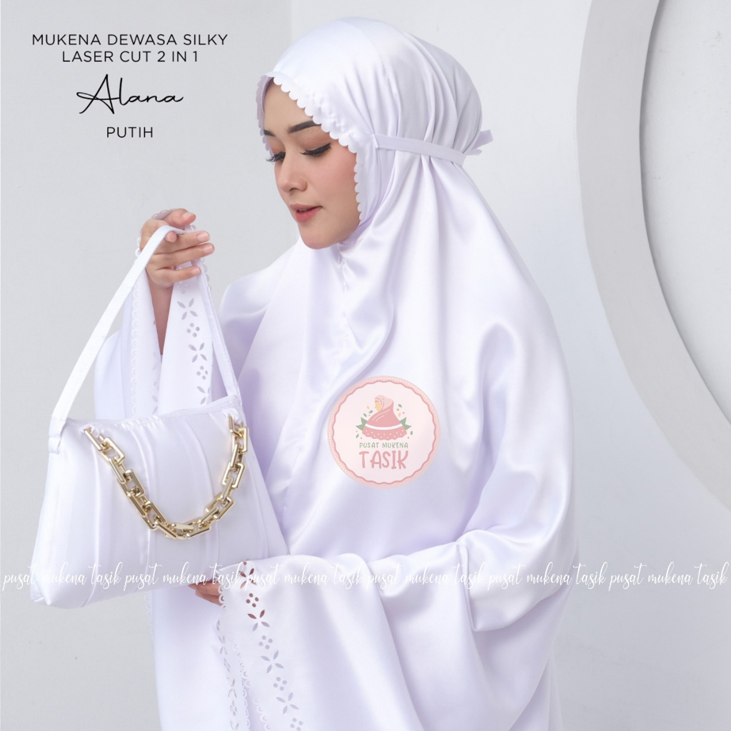 PUSAT MUKENA TASIK - MUKENA POLOS DEWASA SILKY LASER CUT 2 IN 1 ALANA