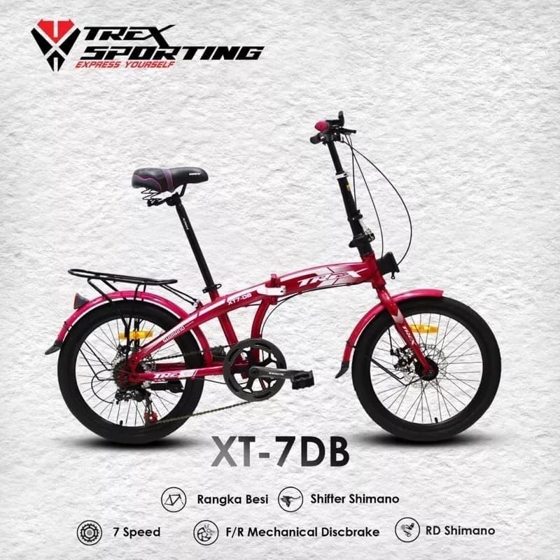 Sepeda lipat 20" trex xt-7 discbrake 7 speed black red folding bike 20 sepeda lipat