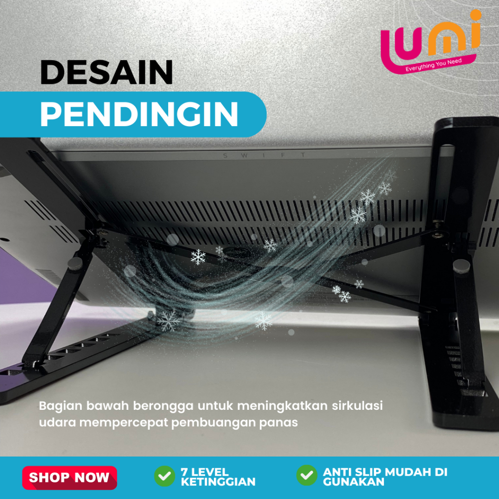 Dudukan Penyanggah Laptop Stand Portable Holder Lipat Notebook Tatakan Ipad Bahan Aluminium Alloy Single Adjustable Folding Tablet Kuat Kokoh Ringan