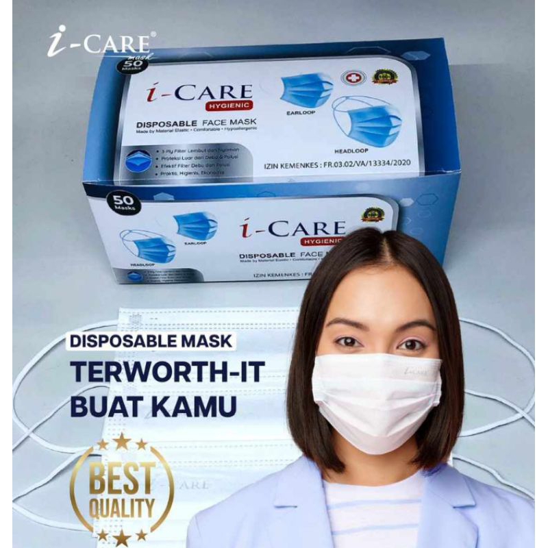 MASKER EARLOOP I-CARE 3 PLY PUTIH DISPOSABLE FACE MASK ISI 50 PCS