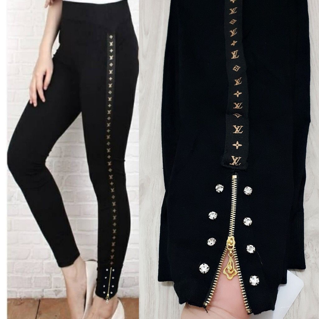 LEGGING WANITA HIGHWAIST STRIP LV SLETING KAKI / LEGING ZIPPER BRAND / LEJING FASHION WANITA