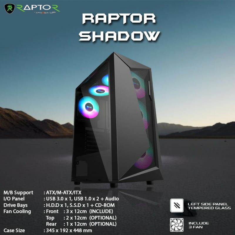 Casing Power Up Raptor Shadow Mid Tower ATX + 3 Fan Case RGB Tempered Glass