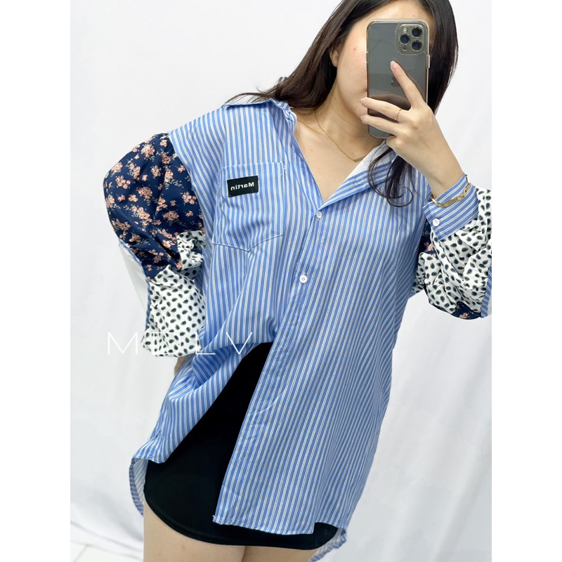 MDLV ~ 2460# Florena Patchwork Shirt Kemeja Salur Polka