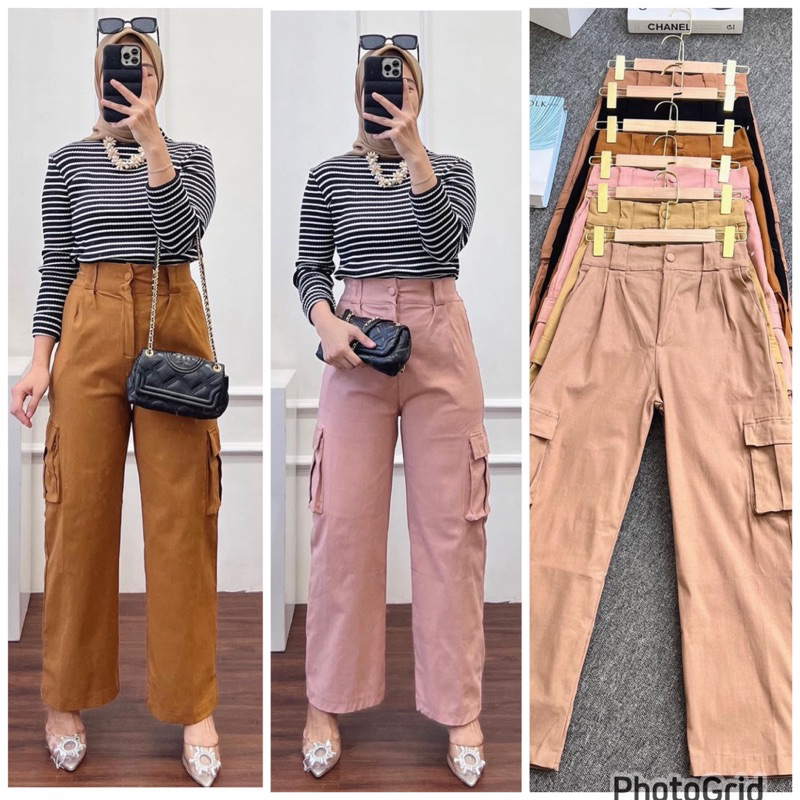 celana kulot cargo wanita katun twill premium