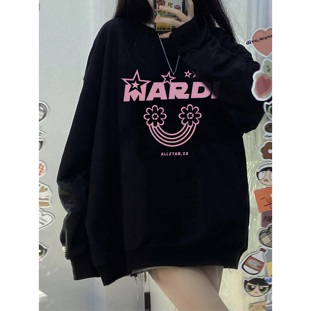 EUNII Sweater Lengan Panjang Cartoon Pink Mardi Star Printing Korean Style/Sweater Crop/Baju Wanita/Switer Wanita/Switer