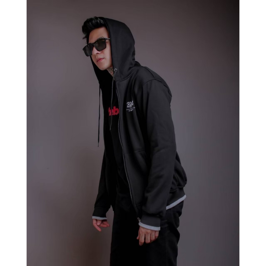 SWEATER HOODIE ZIPPER cowok Sweatshirt Pria BOJIEL Hitam Polos lengan seri BJSL131