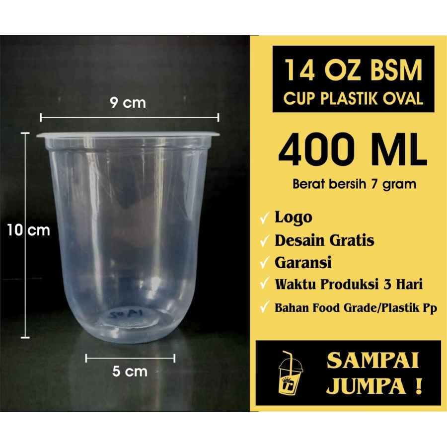 Sablon Cup gelas Plastik 14 Oz Oval 7 Gr merek BSM Tebal dan Bening
