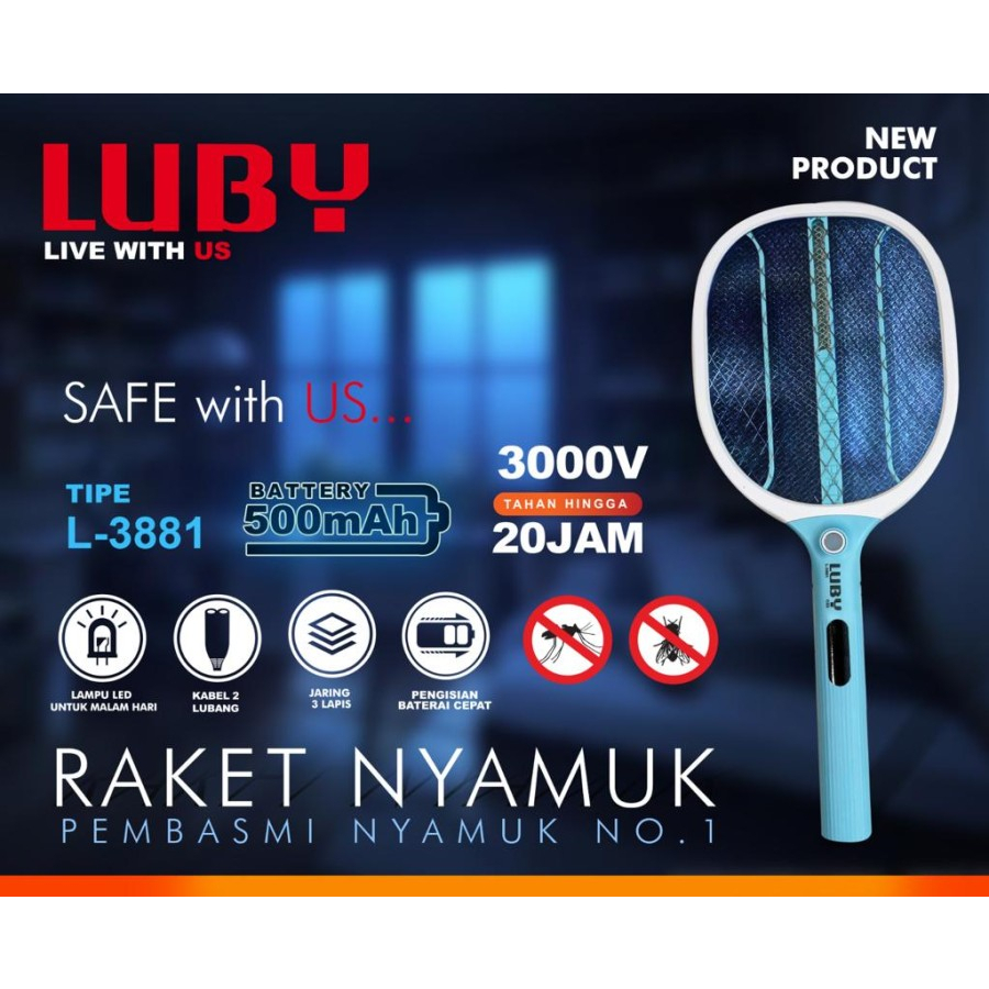 Luby L-3826A / L-3881 / L-3882 / L-3883  Raket Nyamuk Luby Cas Rechargeable Mosquito Swatter L3826A / L3881 / L3882 / L3883 luby