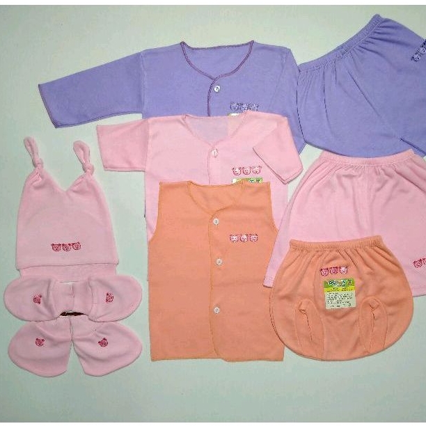 6 Pcs/3 Stel Baju Bayi Baru Lahir Setelan Newborn Lengan Panjang Pendek Kutung+Topi Sarung Tangan Kaki Lengkap