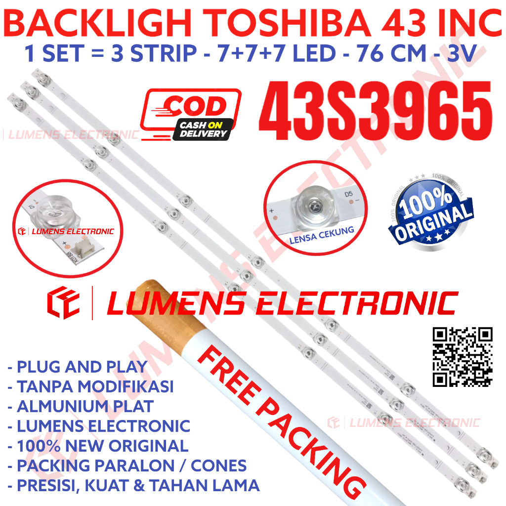 BACKLIGHT TV LED TOSHIBA 43 INC 43S3965 43S LAMPU BL 7K 3V 7 K 3965 7LED 7KANCING KANCING 43IN 43INC