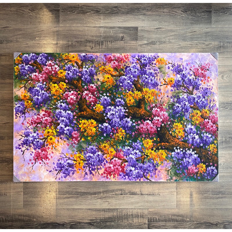 Lukisan Bunga Sakura, Lukisan Kanvas Cat Tebal (Palet), Ukuran 135 x 85Cm 100% Buatan Tangan