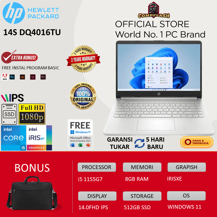 LAPTOP HP 14S DQ4016TU | INTEL I5 1135G7 RAM 8GB 512SSD IRISXE W11+OHS 14.0 FHD IPS