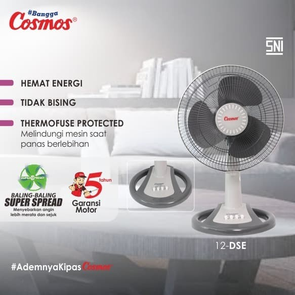 Deks Fan Cosmos 12 DSE Kipas Meja 12DSE 12 Inch Duduk Low Watt 12-DSE Berputar 180 Derajat Kipas Angin