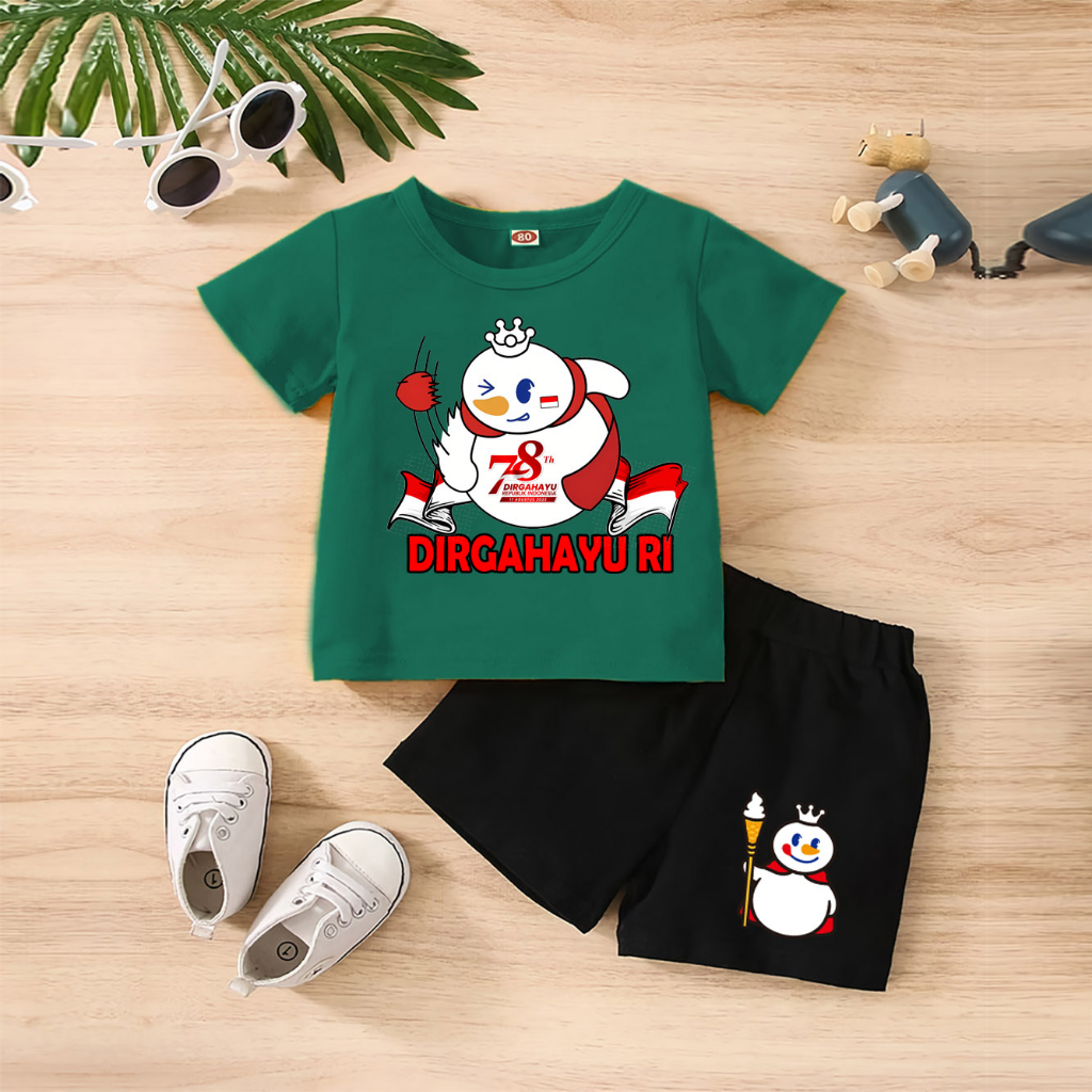 Baju Anak Stelan Kaos 3/4 MIXUE LEMPAR BOLA HUT RI 78 NKRI INDONESIA PANCASILA Cowok Cewek  Usia 1 - 4  Tahun Celana Pendek Harian