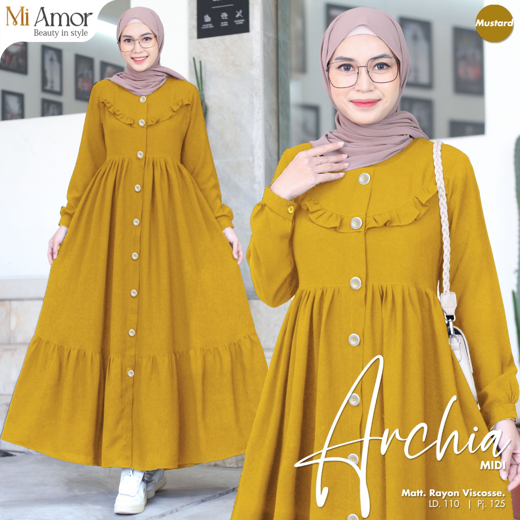 Archia Midi Dress Gamis Muslim Rayon Viscouse Premium Original Produk By Moira