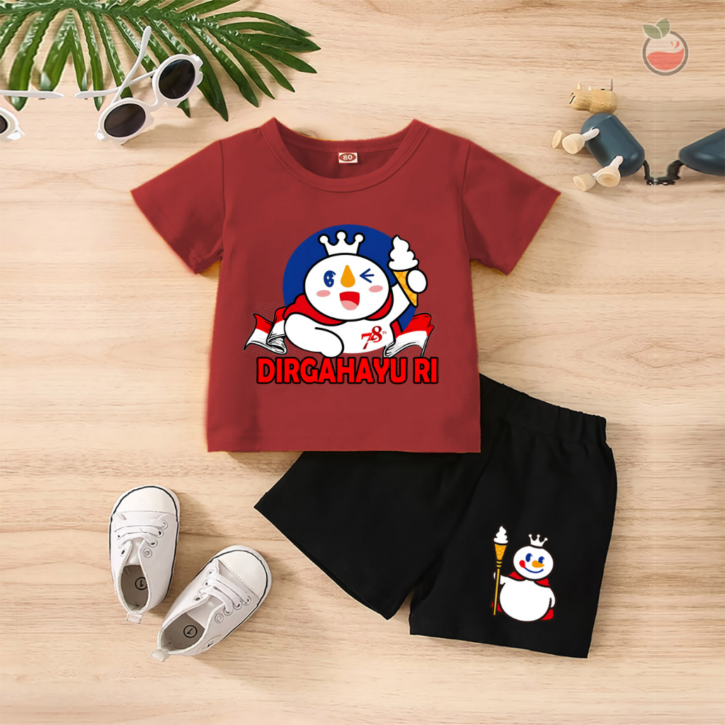 Baju Anak Stelan Kaos 3/4 MIXUE INFO HUT RI 78 NKRI INDONESIA PANCASILA Cowok Cewek  Usia 1 - 4  Tahun Celana Pendek Harian