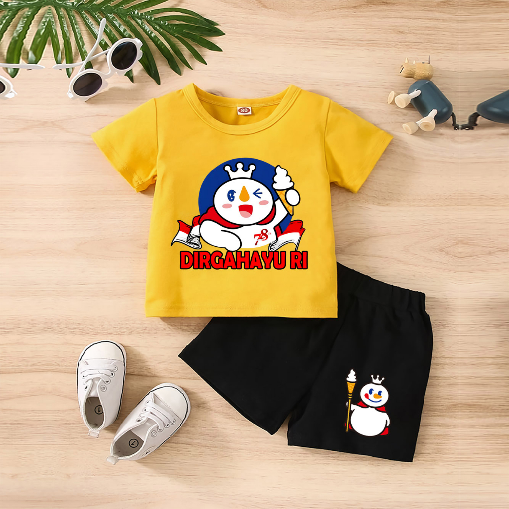 Baju Anak Stelan Kaos 3/4 MIXUE INFO HUT RI 78 NKRI INDONESIA PANCASILA Cowok Cewek  Usia 1 - 4  Tahun Celana Pendek Harian