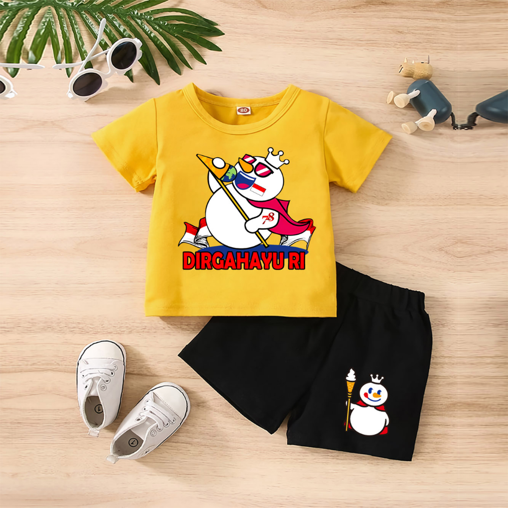 Baju Anak Stelan Kaos 3/4 MIXUE ROCK HUT RI 78 NKRI INDONESIA PANCASILA Cowok Cewek  Usia 1 - 4  Tahun Celana Pendek Harian