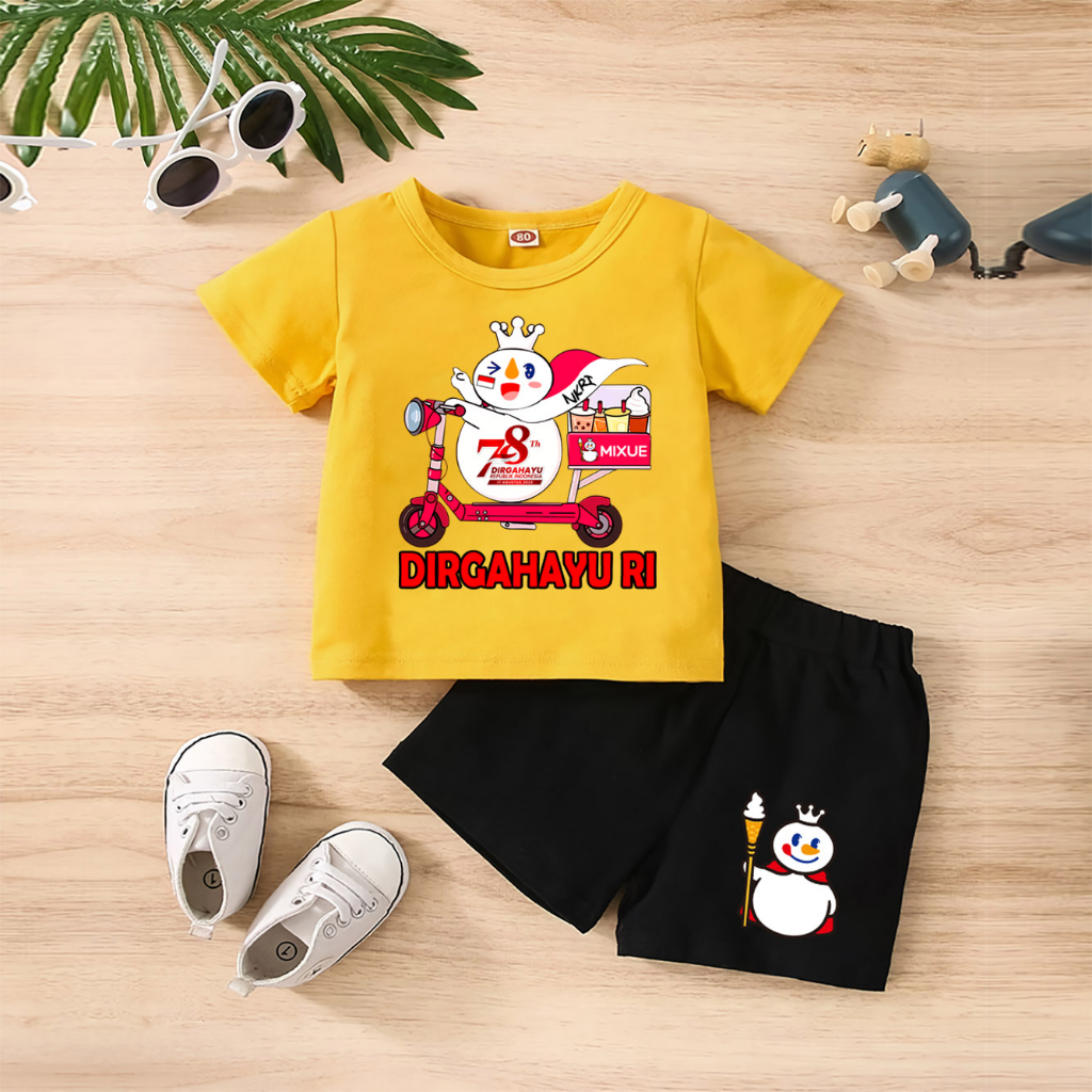 Baju Anak Stelan Kaos 3/4 MIXUE HUT FOOD RI 78 NKRI INDONESIA PANCASILA Cowok Cewek  Usia 1 - 4  Tahun Celana Pendek Harian