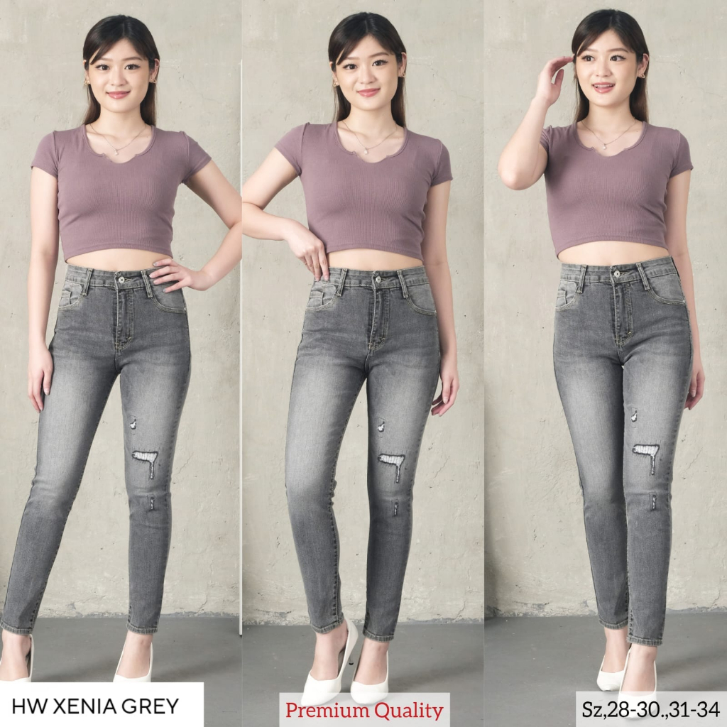 RTCFASHION - NEW /  CELANA JEANS HIGHWAIST RIPPED XENIA GREY /  CELANA HW SOBEK JEANS WANITA