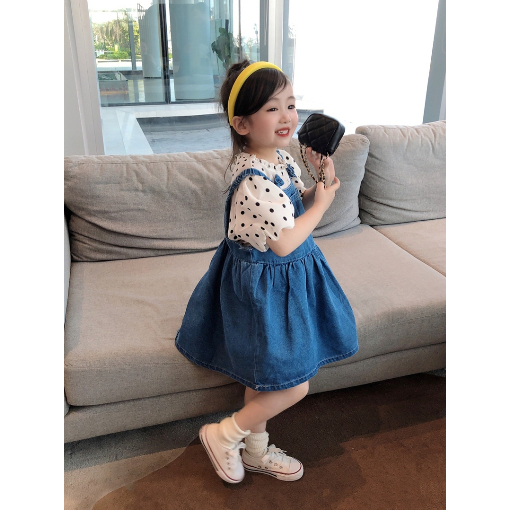 DR54-Dress Anak Perempuan Overall Kaos Polka + Overall Jeans