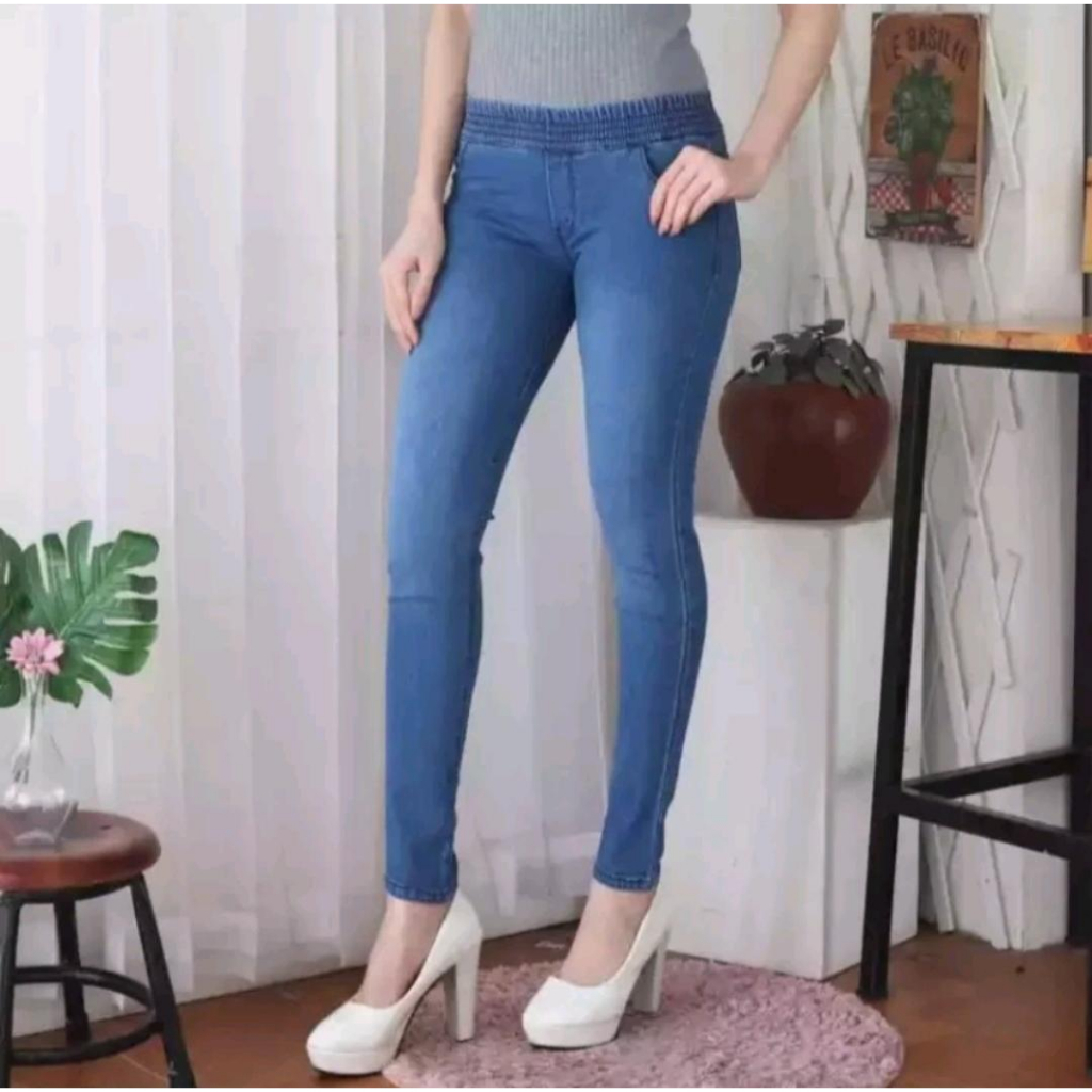 celana jeans pinggang karet lejing slim/ngaret/street