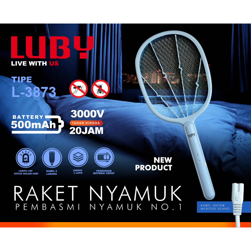 Luby Raket Nyamuk Electric L-3873 Rechargeable Tahan 20JAM