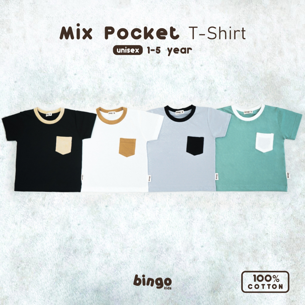 BINGOKIDS | MIX POCKET T-SHIRT / Kaos Saku Mix Warna Anak Balita 1-5 Tahun               Anak Laki Perempuan Unisex Katun Premium Mix Monochrome Monokrom Black Hitam Putih White Tosca Abu