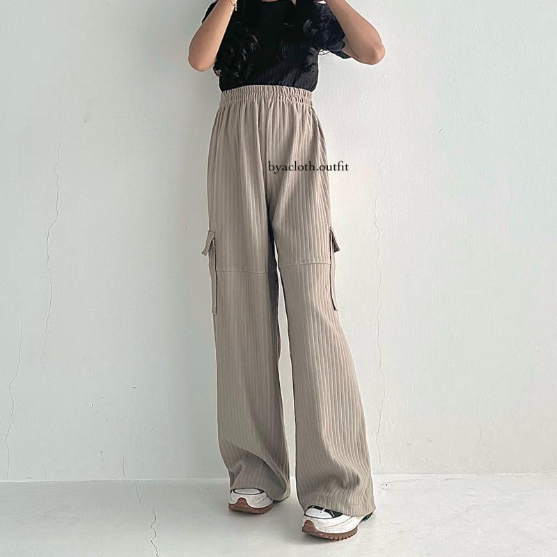 Walnat Cargo Pants - Celana Kulot Knit Rib Panjang - Knit Pants - Loose Pants Highwaist Kulot Panjang Basic Strech Premium Korean - Celana Anti Kusut - Pants Ironless