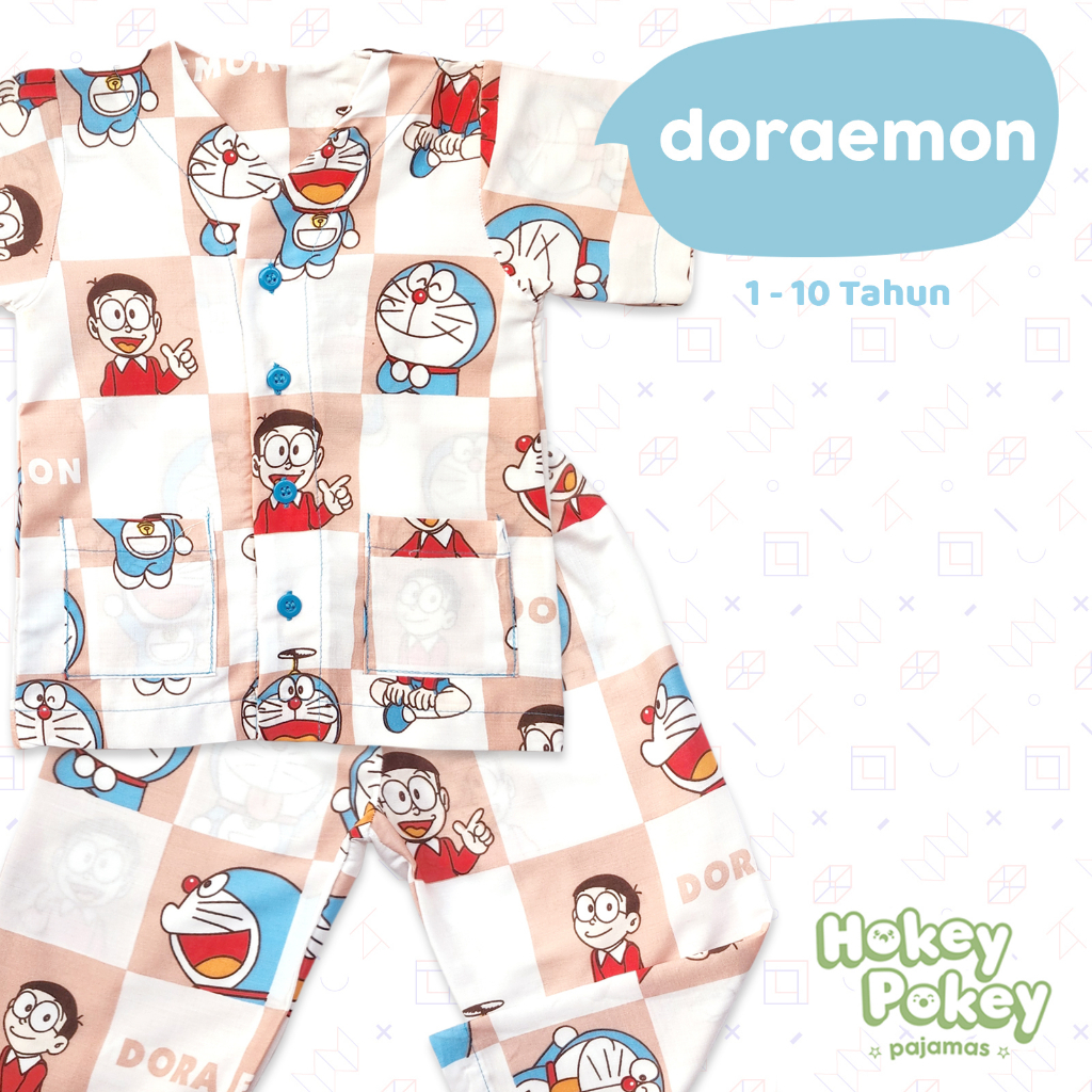 Setelan Baju Tidur Piyama Anak Laki Laki Perempuan Tanpa Kerah Motif Doraemon