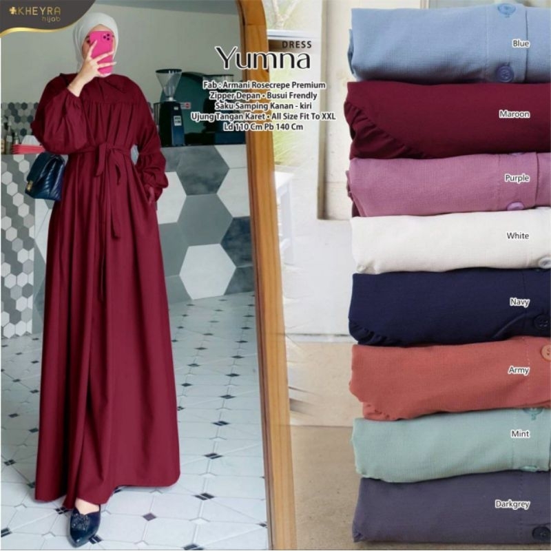 YUMNA DRESS BY KHEYRA TERUSAN DRESS MAXY GAMIS MUSLIMAH CASUAL POLOS ARMANI ROSECREPE PREMIUM LD 110