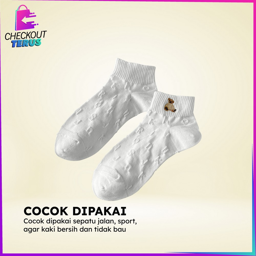 CT P576 Kaos Kaki Wanita Semata Kaki Motif Bordir Karakter Ankle Socks Kaos Kaki Putih Pendek Lucu Dewasa Motif Love Gaya Korea Import