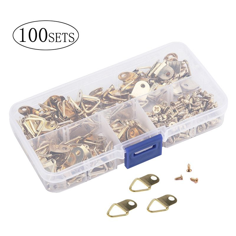 100pcs D Ring Picture Hangers Gold Picture Hook Painting Hanging Kit With Screws