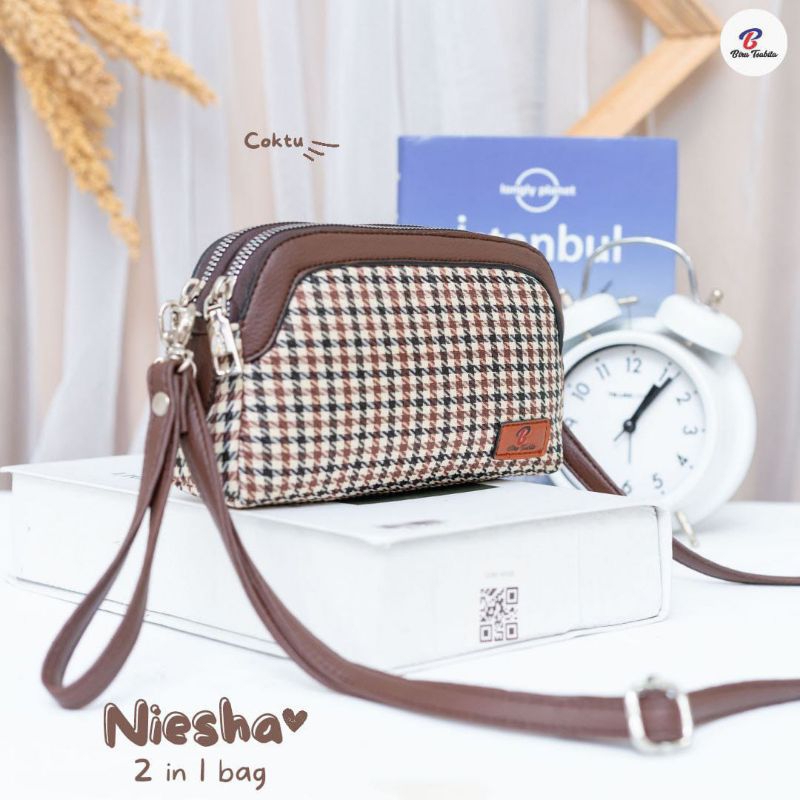 NIESHA By Biru Tsabita Tas Slempang 2 Resleting Bahan Canvas Motif