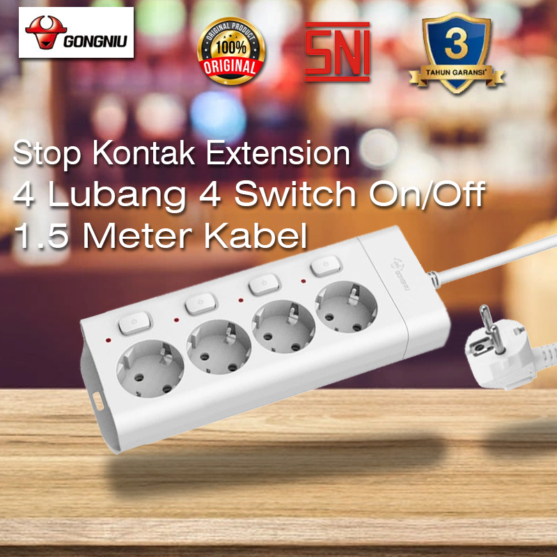 GONGNIU Stop Kontak 4 Switch On Off 4 Lubang Kabel Extension